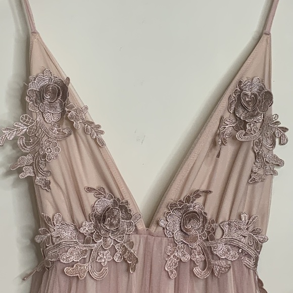 Dusty Rose Plunge Front Backless Tulle Train Floral Applique Gown Slip Dress M - Picture 7 of 16